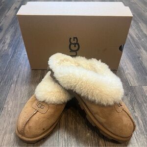 UGG Womens Coquette Slipper Shoes Suede Chestnut Sheepskin Winter Holiday Cozy 9